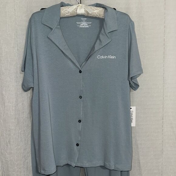 CK L Slate Seafoam Blue Modal Blend Notched Collar Short Sleeve Top Wide Leg PJ - Picture 5 of 16